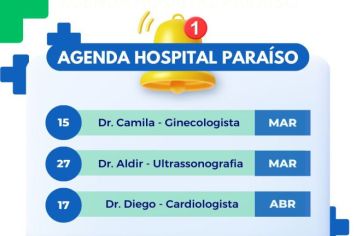 Aviso: agenda do Hospital Paraíso, na Vila Paraíso (15/03, 27/03 e 17/04)