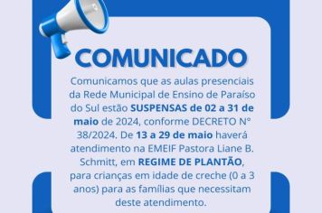 Comunicado: suspensão das aulas presenciais da Rede Municipal de Ensino