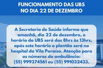 Comunicado: funcionamento das UBS no dia 22 de dezembro