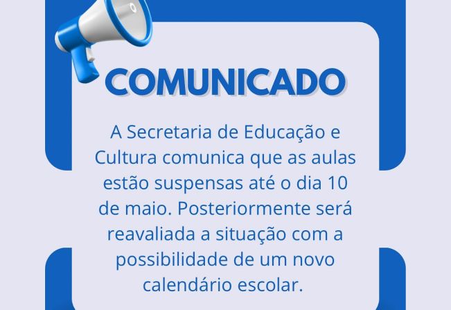 Comunicado: aulas suspensas até o dia 10 de maio