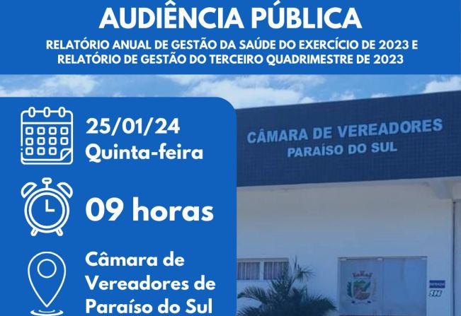 Audiência Pública com a finalidade de Apresentação do Relatório Anual de Gestão da Saúde do Exercício de 2023 e Relatório de Gestão do Terceiro Quadrimestre de 2023