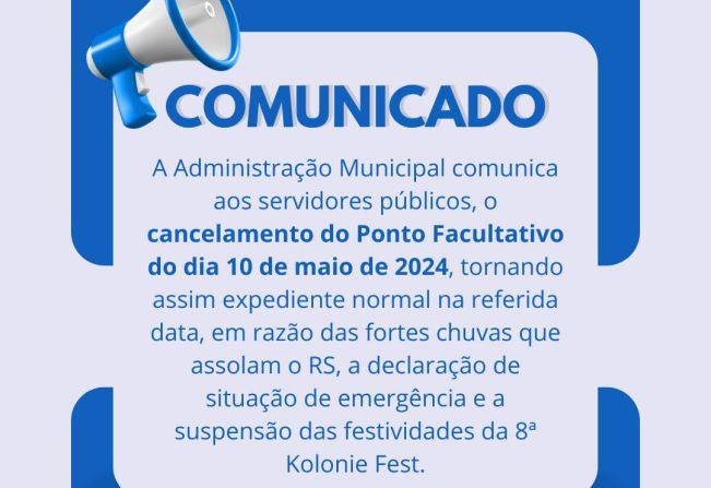 Comunicado: cancelamento do Ponto Facultativo (10/05)