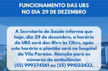 Comunicado: funcionamento das UBS no dia 29 de dezembro