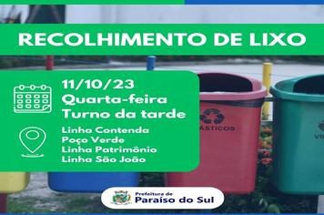 Aviso: Recolhimento de lixo (Localidades e data) - 11/10