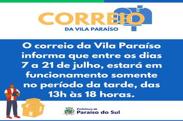 Novo horário de funcionamento do Correio da Vila Paraíso