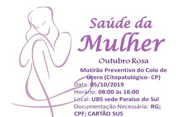 Atividades do Outubro Rosa iniciam no próximo sábado em Paraíso do Sul