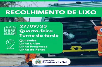 Aviso: Recolhimento de lixo (Localidades e data) - 27/09