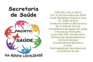 Projeto Mais Saúde na minha localidade estará na Cohab e Vila Nova
