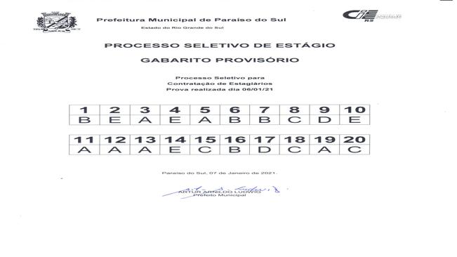 Prefeitura de Paraíso do Sul divulga Gabarito Provisório do Processo Seletivo CIEE