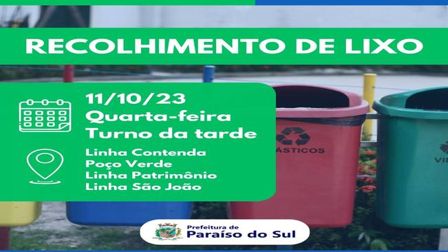 Aviso: Recolhimento de lixo (Localidades e data) - 11/10