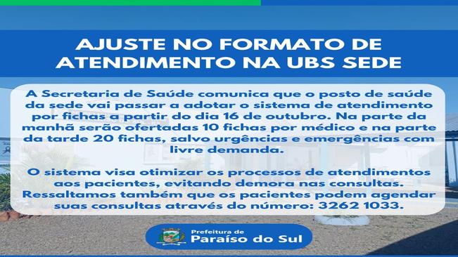 Aviso: ajuste no formato de atendimento na UBS Sede