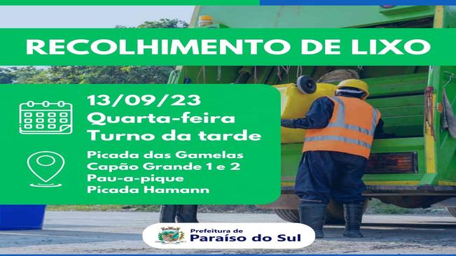 Aviso: Recolhimento de lixo (Localidades e data) - 13/09