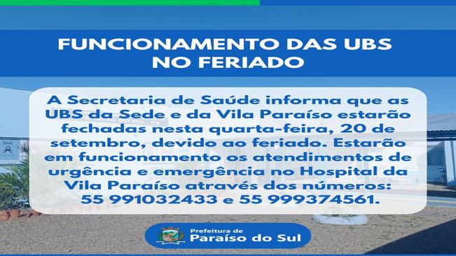 Aviso: Funcionamento das UBS no feriado