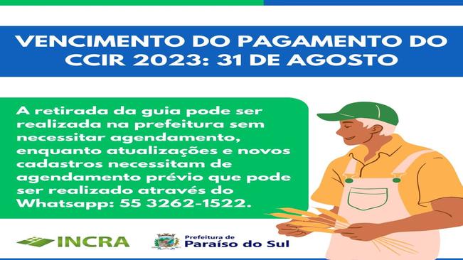 Vencimento do pagamento do CCIR 2023: 31 de Agosto